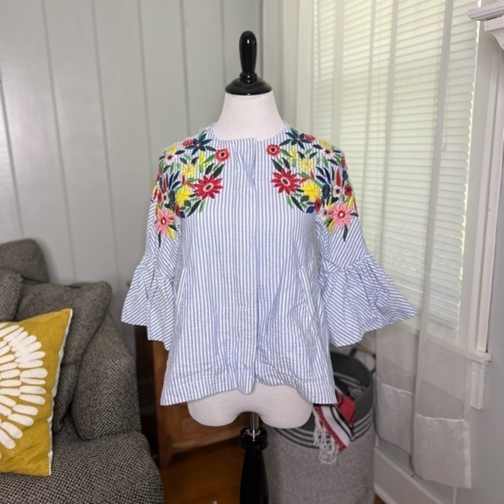 Zara Floral Striped Embroidered Cotton Zip Jacket Striped Top Blouse XS